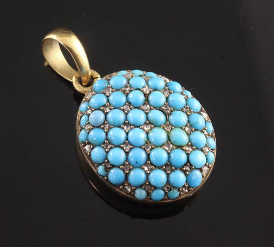 A Victorian gold, pave set turquoise and rose cut diamond set pendant locket, 29mm.